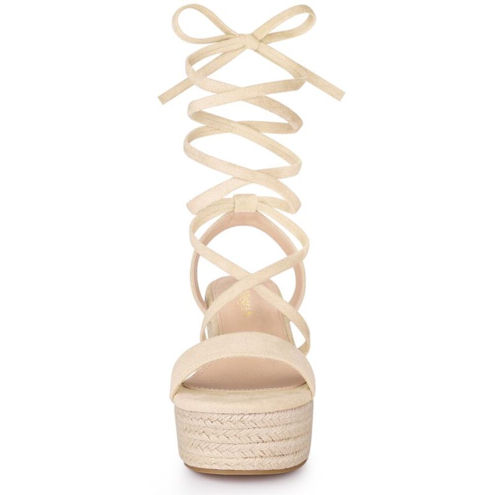 Women's Lace Up Wedge Heel Platform Slingback Strappy Sandals Beige - Picture 2 of 6